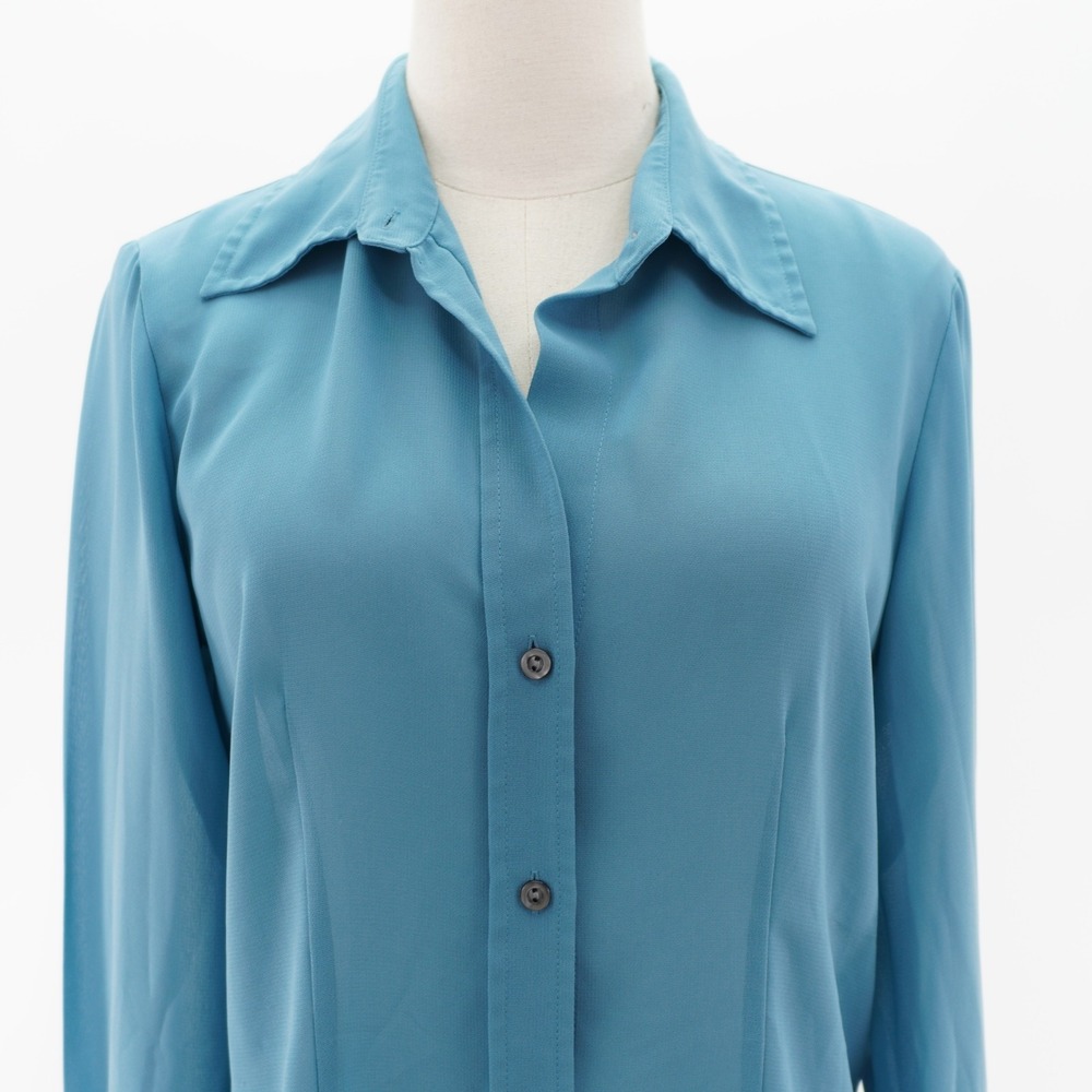 New York & Company Women's Teal Medium Sheer Collared Button Front Top Polyester